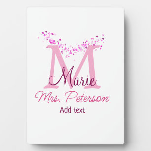 Pink heart glitter monogram teacher Mrs. Modern gi Plaque