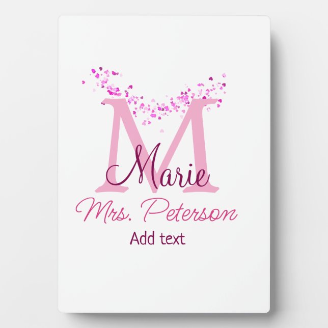 Pink heart glitter monogram teacher Mrs. Modern gi Plaque (Front)
