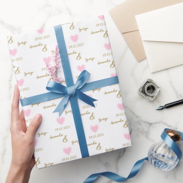 Pink Heart Gold Bride & Groom Names, White Wedding Wrapping Paper (Gifting)