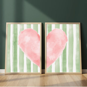 Pink Heart Green Stripes Watercolor, Cute Girly