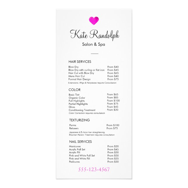 Pink Heart Hair Stylist White Price List Menu (Front)