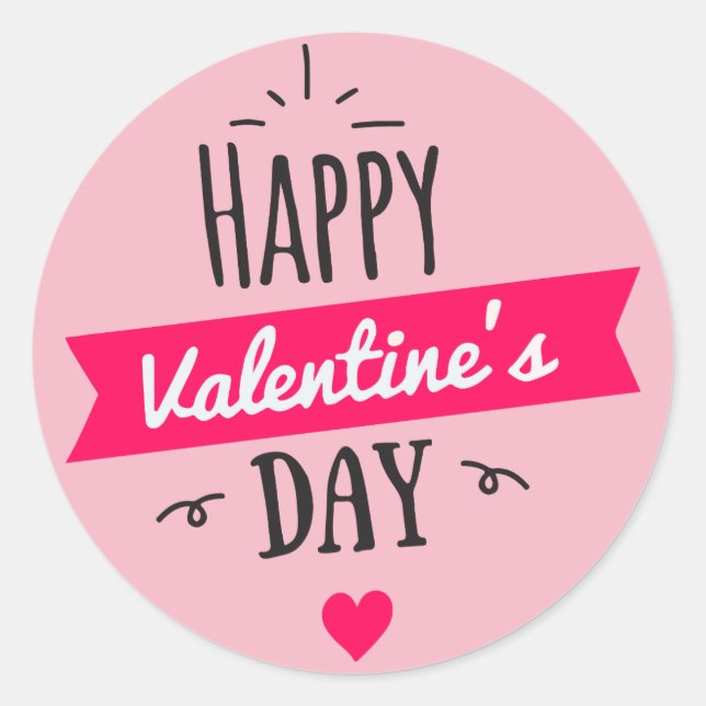Pink Heart Happy Valentines Day Classic Round Sticker (Front)