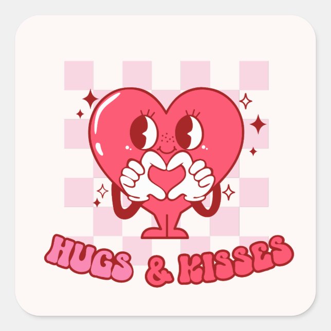 Pink Heart Hugs and Kisses Square Sticker (Front)