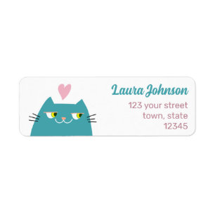 Pink Heart Kawaii Cat Return Address