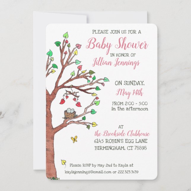 Pink Heart Leaves Mobile Bird Nest Baby Shower Invitation (Front)