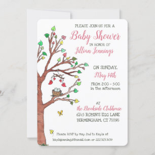 Pink Heart Leaves Mobile Bird Nest Baby Shower Invitation