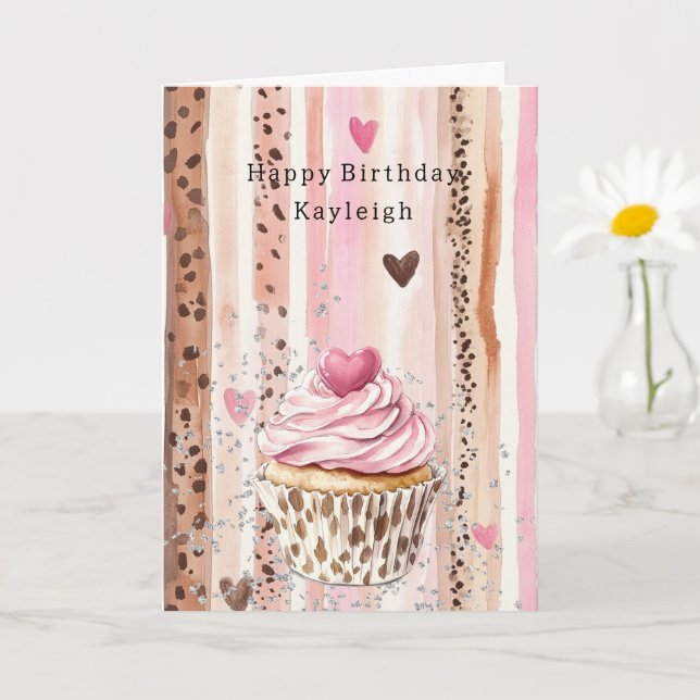 Pink Heart Leopard Cupcake Confetti Birthday Card (Small Plant)
