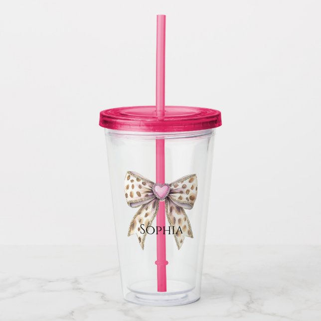 Pink Heart Leopard Girly Bow Acrylic Tumbler (Front)