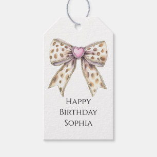 Pink Heart Leopard Girly Bow Birthday Gift Tags