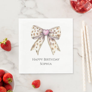 Pink Heart Leopard Girly Bow Birthday Napkin