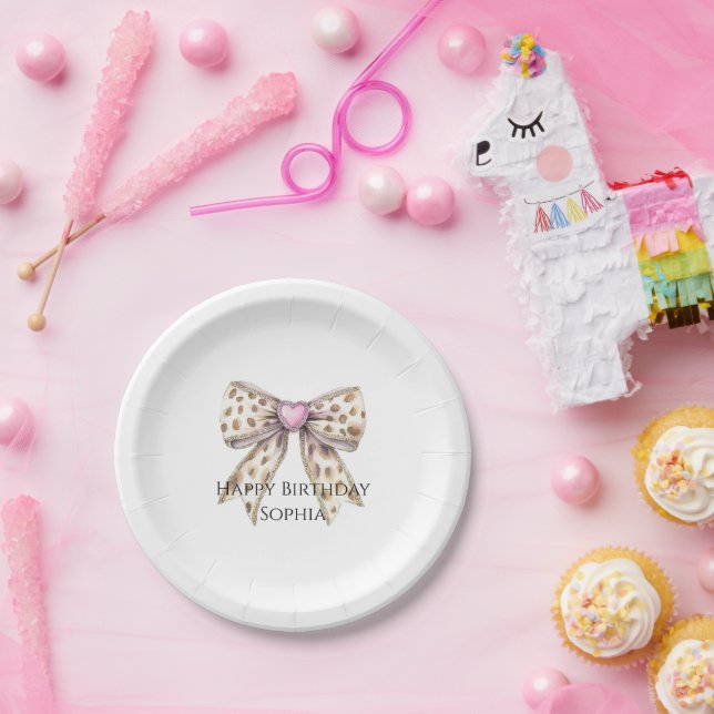 Pink Heart Leopard Girly Bow Birthday Paper Plate (Party)