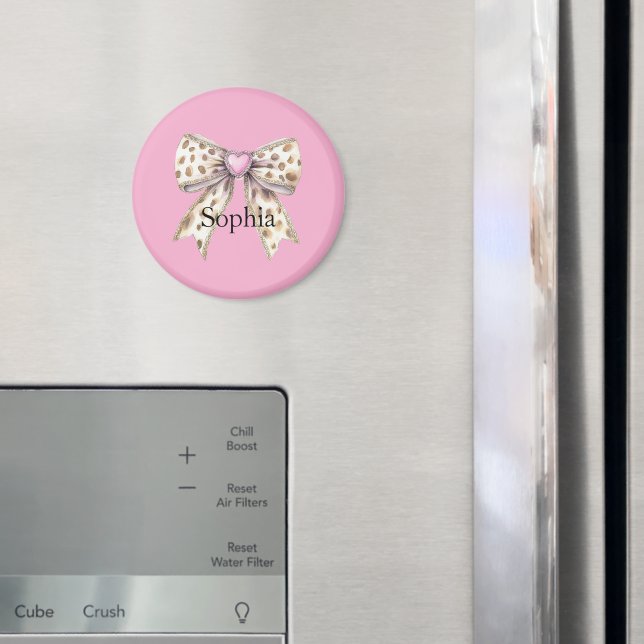 Pink Heart Leopard Girly Bow Christmas Magnet (In Situ (Fridge))