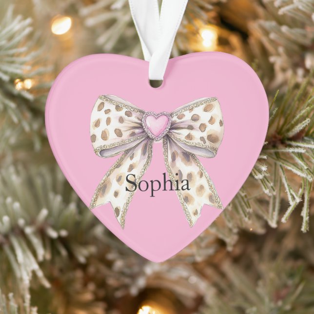 Pink Heart Leopard Girly Bow Christmas Ornament (Tree)