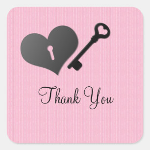 Pink Heart Lock and Key Thank You Stickers