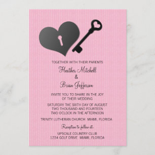 Pink Heart Lock and Key Wedding Invite