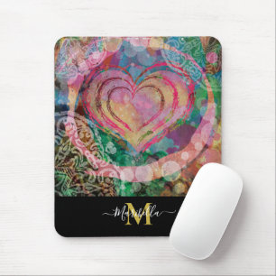 Pink Heart Love Mandala Personalise Monogram Boho Mouse Mat