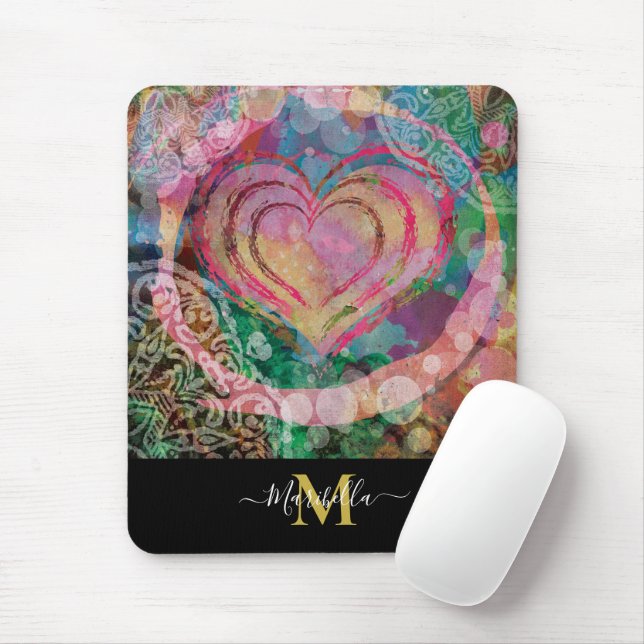 Pink Heart Love Mandala Personalise Monogram Boho Mouse Mat (With Mouse)