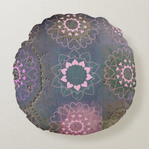 Pink Heart Mandalas on Muted Grey Round Cushion