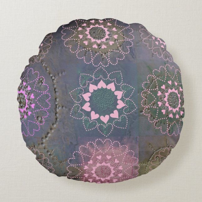 Pink Heart Mandalas on Muted Grey Round Cushion (Front)