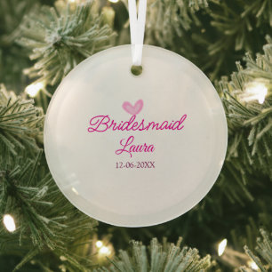 PINK heart minimal add name bridesmaid gift year Glass Tree Decoration