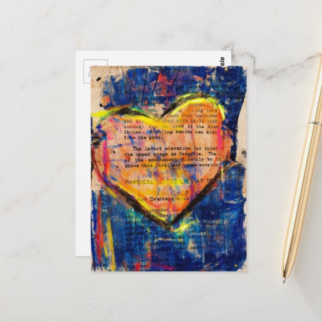 Pink Heart Mixed Media Collage Postcard (Front/Back In Situ)