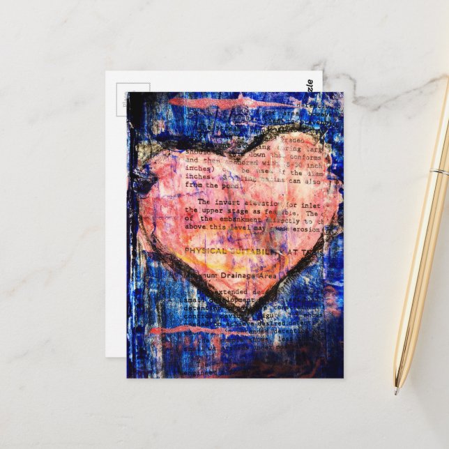 Pink Heart Mixed Media Collage Postcard (Front/Back In Situ)