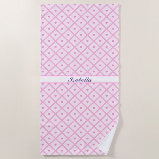 Pink Heart Modern Plaid Collection Beach Towel (Front)