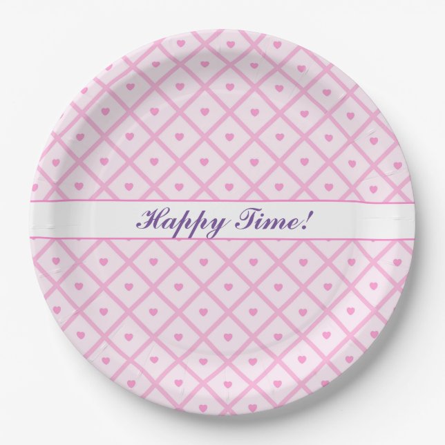 Pink Heart Modern Plaid Collection Paper Plate (Front)
