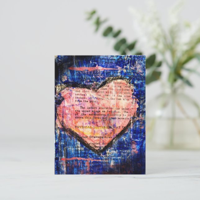 Pink Heart on Blue Mixed Media Art Postcard (Standing Front)