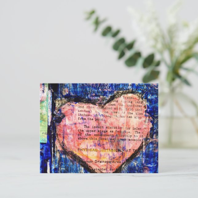 Pink Heart on Blue Paint Mixed Media Art Postcard (Standing Front)