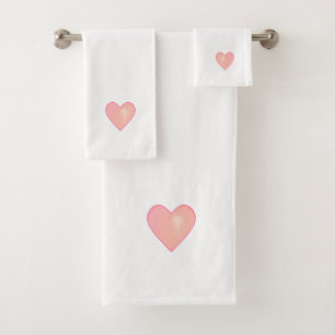 Pink Heart on White Bath Towel Set