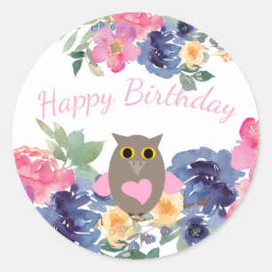 Pink Heart Owl Floral Watercolor Happy Birthday Classic Round Sticker