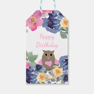 Pink Heart Owl Floral Watercolor Happy Birthday Gift Tags