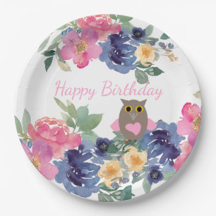 Pink Heart Owl Floral Watercolor Happy Birthday Paper Plate