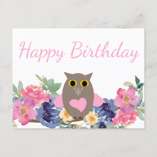 Pink Heart Owl Floral Watercolor Happy Birthday Postcard