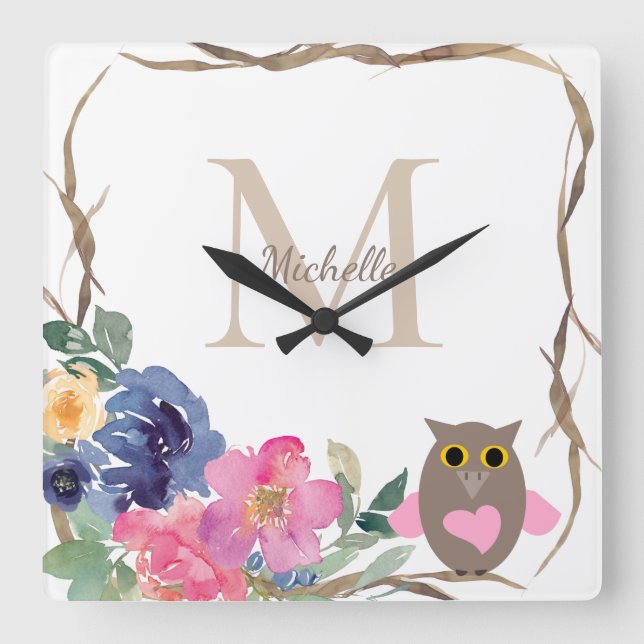  Pink Heart Owl Floral Watercolor Wreath Monogram  Square Wall Clock (Front)