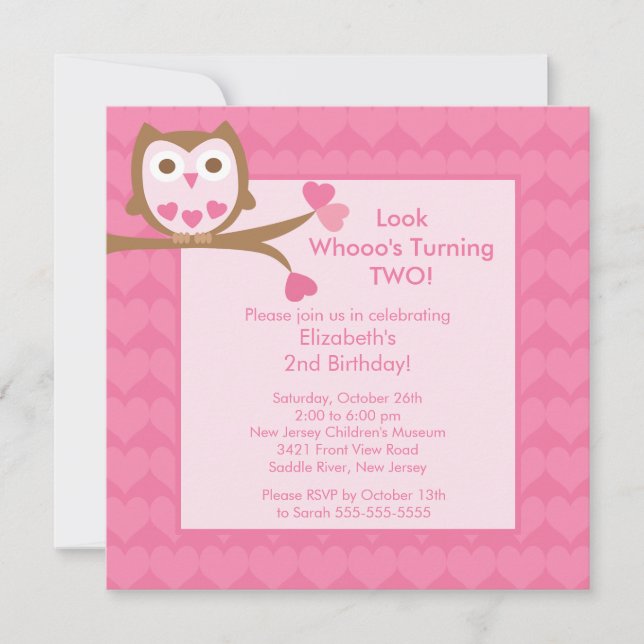 Pink Heart Owl Kids Birthday Invitation (Front)