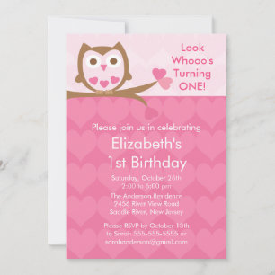 Pink Heart Owl Kids Birthday Invitation