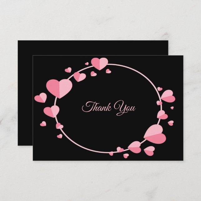 Pink Heart Pattern Black Geometric Wedding Thank You Card (Front/Back)