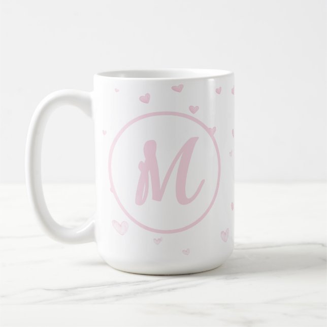 Pink Heart Pattern Girly Romantic Monogrammed Coffee Mug (Left)