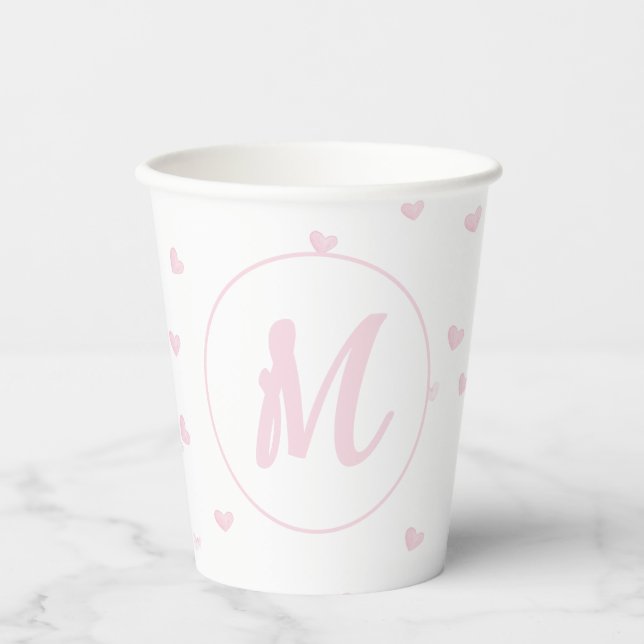 Pink Heart Pattern Girly Romantic Monogrammed Paper Cups (Front)