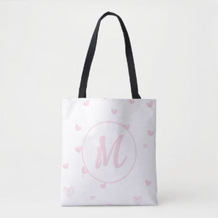 Pink Heart Pattern Girly Romantic Monogrammed Tote Bag
