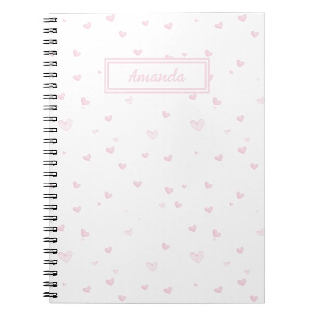 Pink Heart Pattern Girly Romantic Watercolor Notebook (Front)
