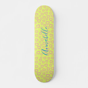 Pink Heart Pattern on Yellow Background Skateboard