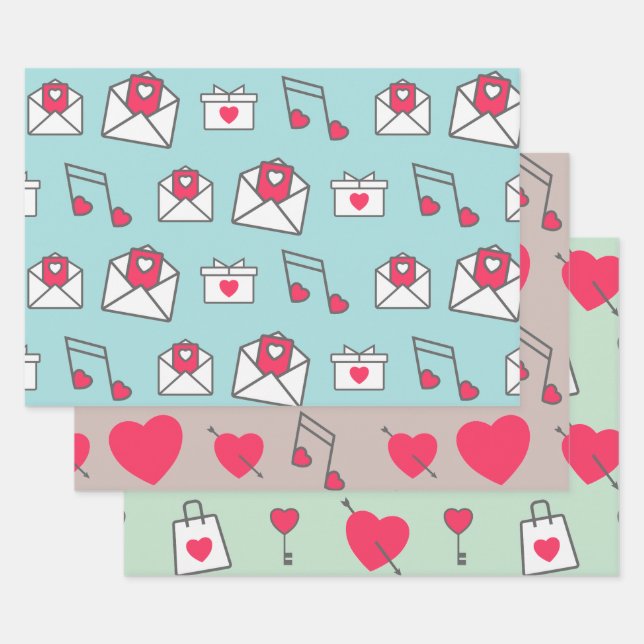 Pink Heart Postcard Pastel Wrapping Paper Sheet (Set)