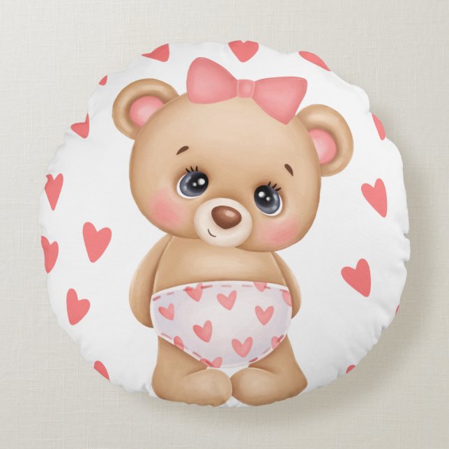 Pink Heart Print Teddy Bear Throw Pillow (Front)