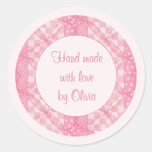 PINK HEART QUILT 1.5" Round Hand Made Stickers II