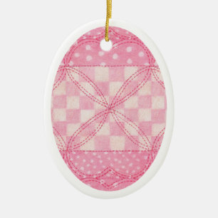 PINK HEART QUILT Ceramic Oval Ornament