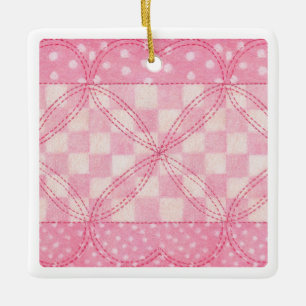 PINK HEART QUILT Ceramic Square Ornament