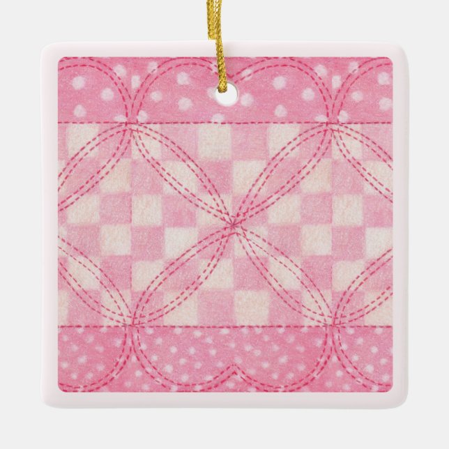 PINK HEART QUILT Ceramic Square Ornament / Pink (Front)